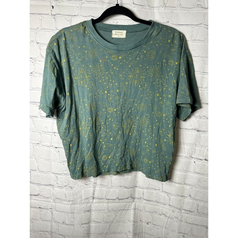Urban Nation Celestial Print T-Shirt Green Cotton Casual Starry Night Top